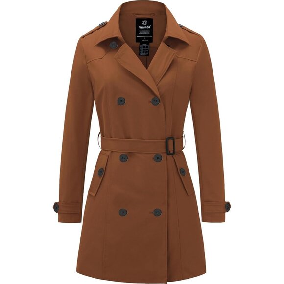Jackets & Blazers - Women's Caramel Waterproof Trench Coat with Classic Lapel and Belted Design